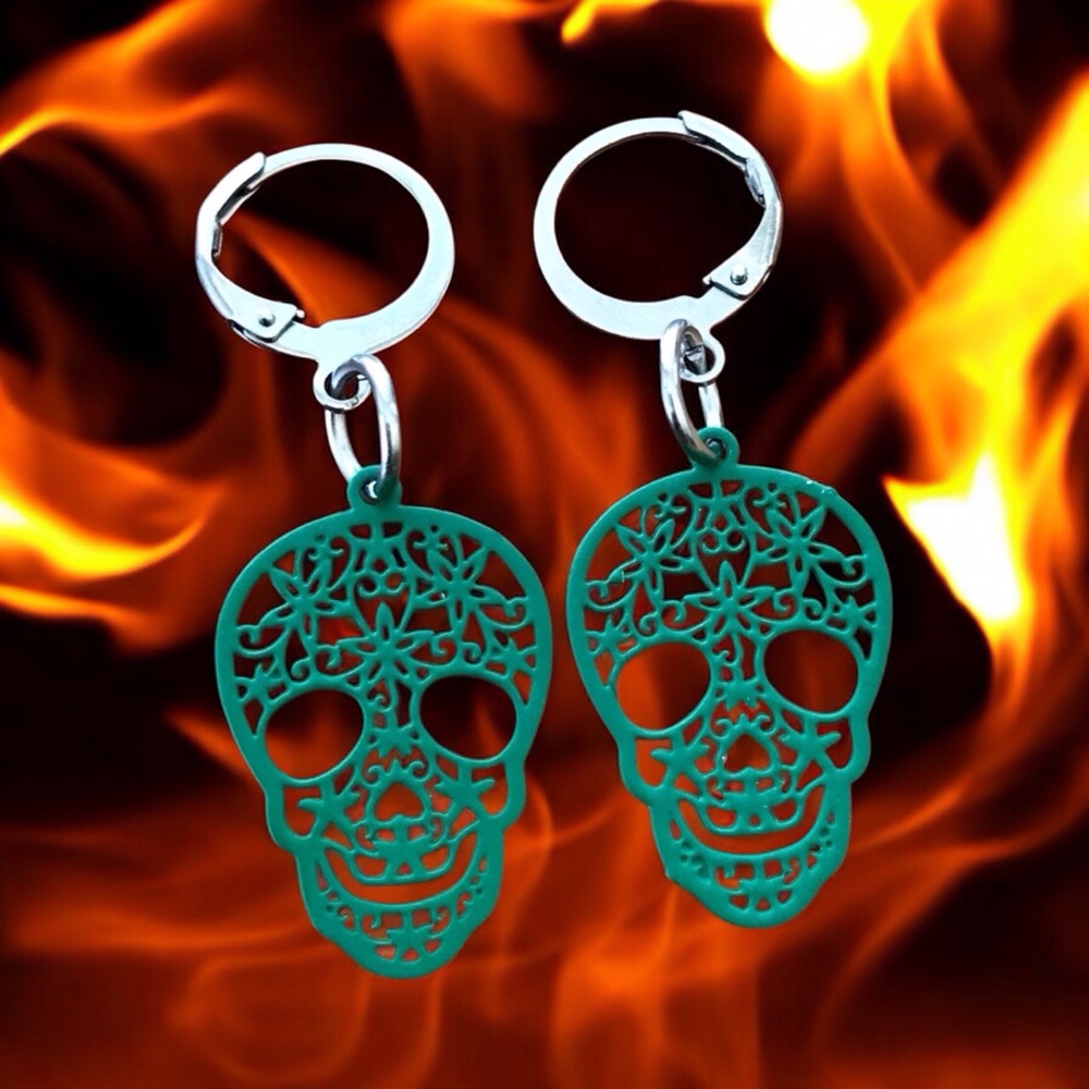 🆕 Sugar Skull Painted Thin Filigree Earrings Stainless Steel